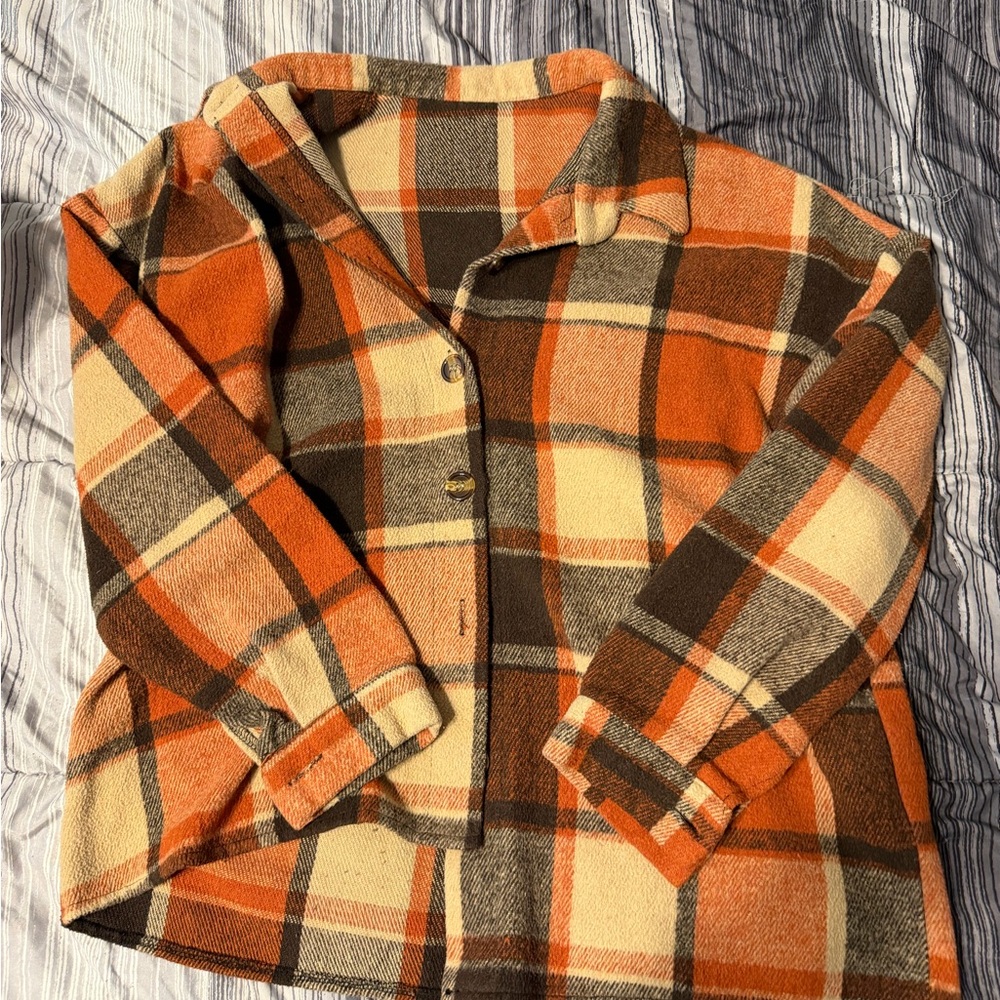 Plaid Button-Up Shacket in Orange, Brown & Cream